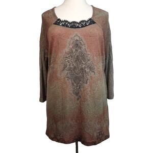 VTG Y2K Top Brown Floral Rhinestones Tunic Size XXL Boho Fairy Grunge Whimsigoth
